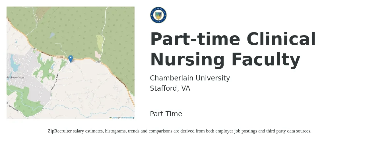 Chamberlain University job posting for a Part-time Clinical Nursing Faculty in Stafford, VA with a salary of $39 to $53 Hourly with a map of Stafford location.