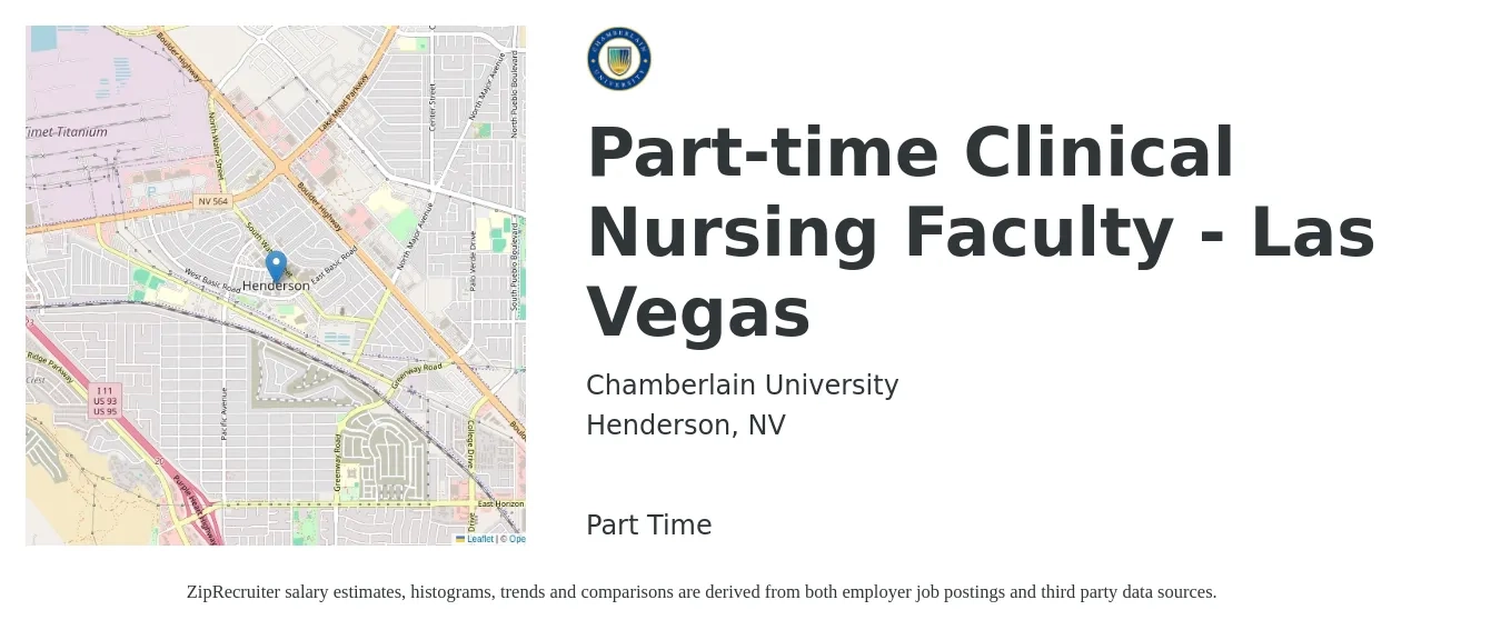 Chamberlain University job posting for a Part-time Clinical Nursing Faculty - Las Vegas in Henderson, NV with a salary of $36 to $50 Hourly with a map of Henderson location.