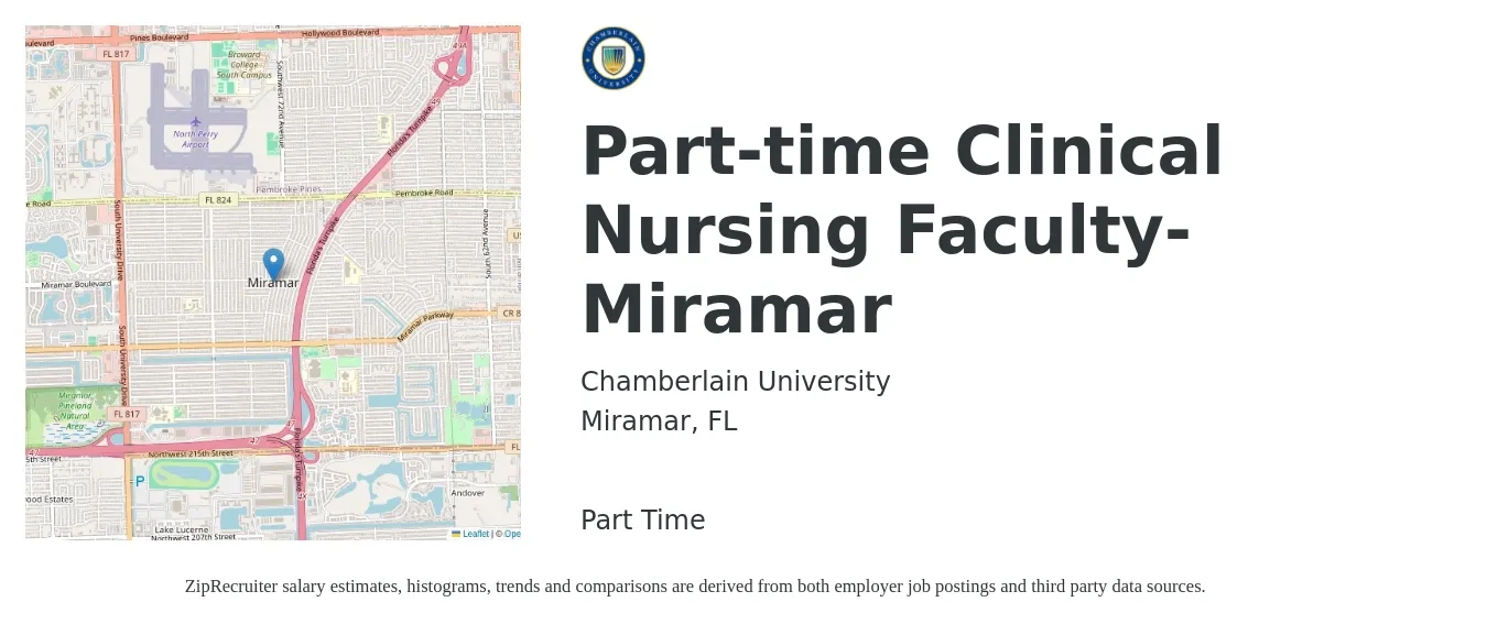 Chamberlain University job posting for a Part-time Clinical Nursing Faculty- Miramar in Miramar, FL with a salary of $36 to $50 Hourly with a map of Miramar location.