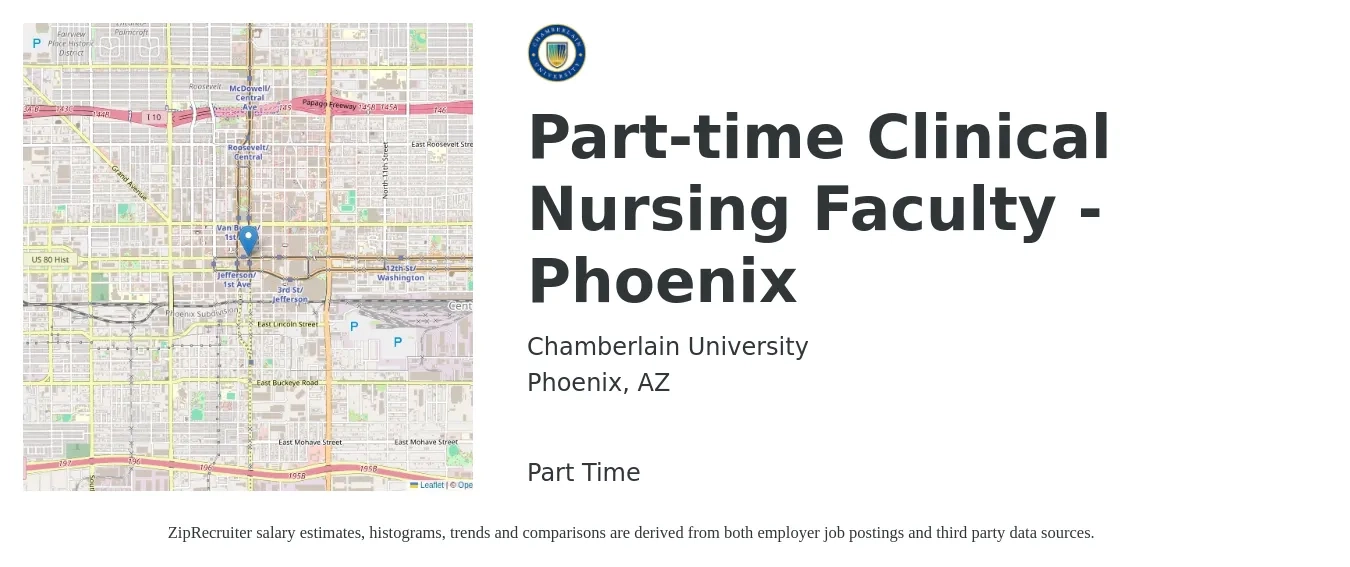 Chamberlain University job posting for a Part-time Clinical Nursing Faculty - Phoenix in Phoenix, AZ with a salary of $39 to $53 Hourly with a map of Phoenix location.