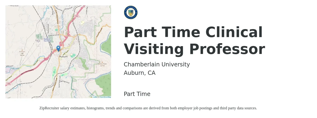 Chamberlain University job posting for a Part Time Clinical Visiting Professor in Auburn, CA with a salary of $42 to $58 Hourly with a map of Auburn location.