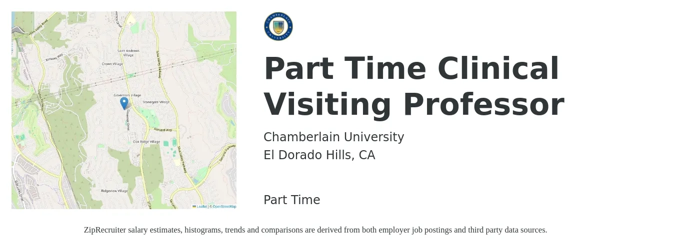 Chamberlain University job posting for a Part Time Clinical Visiting Professor in El Dorado Hills, CA with a salary of $40 to $54 Hourly with a map of El Dorado Hills location.