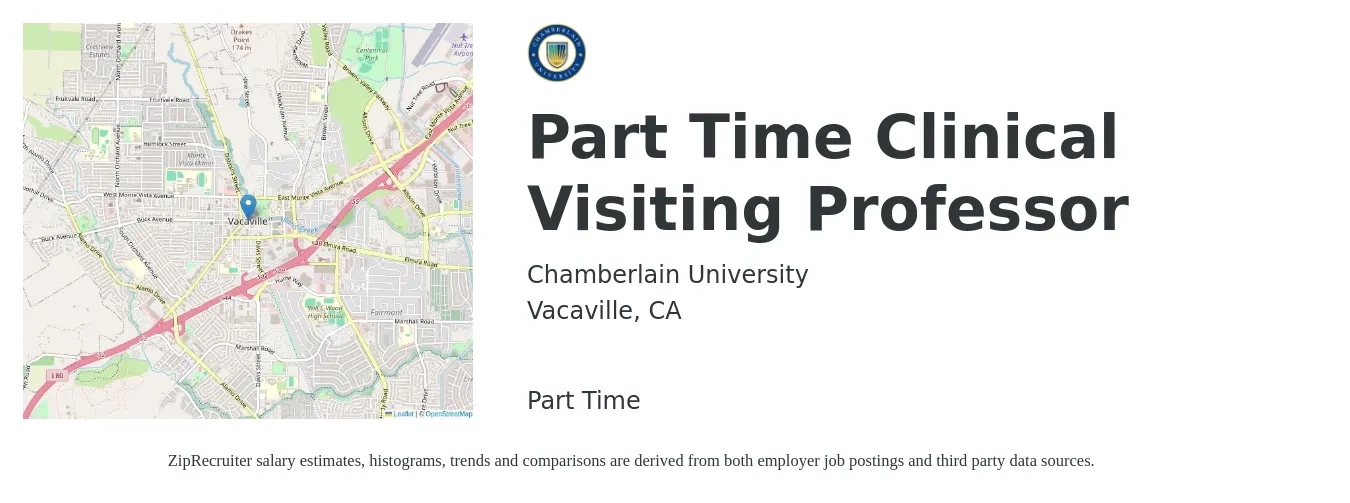 Chamberlain University job posting for a Part Time Clinical Visiting Professor in Vacaville, CA with a salary of $44 to $60 Hourly with a map of Vacaville location.