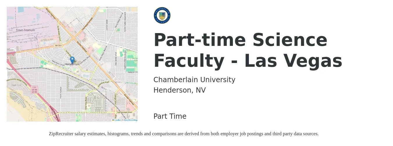 Chamberlain University job posting for a Part-time Science Faculty - Las Vegas in Henderson, NV with a salary of $45,700 to $76,500 Yearly with a map of Henderson location.