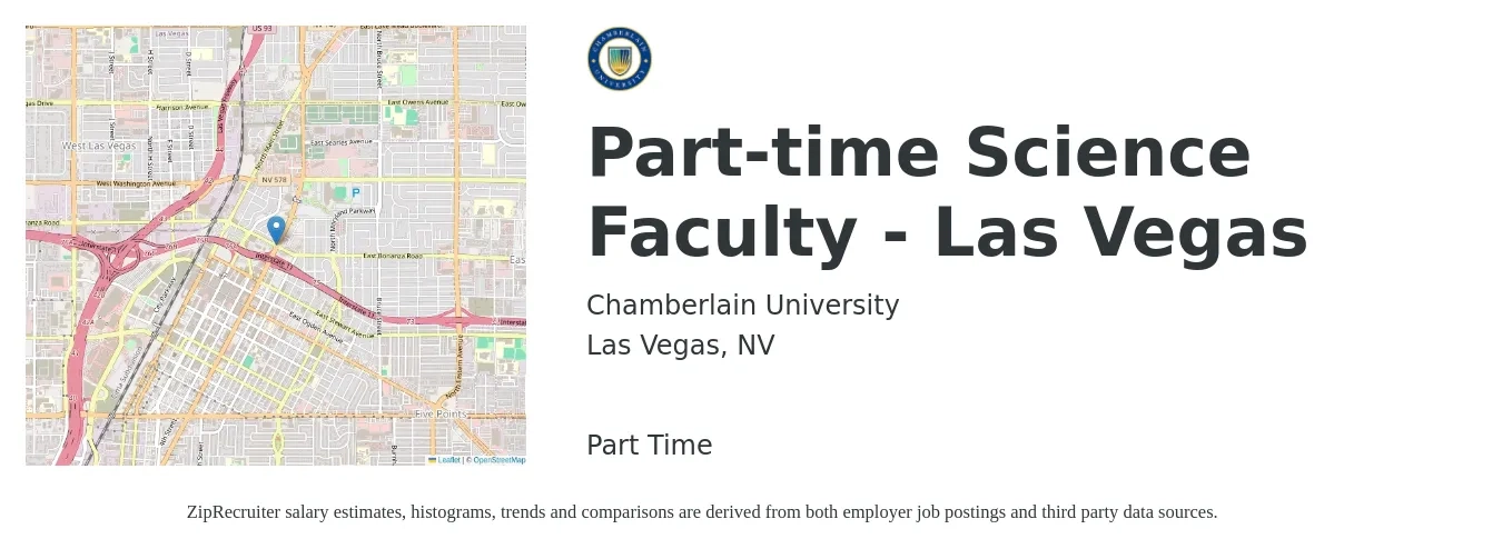 Chamberlain University job posting for a Part-time Science Faculty - Las Vegas in Las Vegas, NV with a salary of $46,800 to $78,300 Yearly with a map of Las Vegas location.