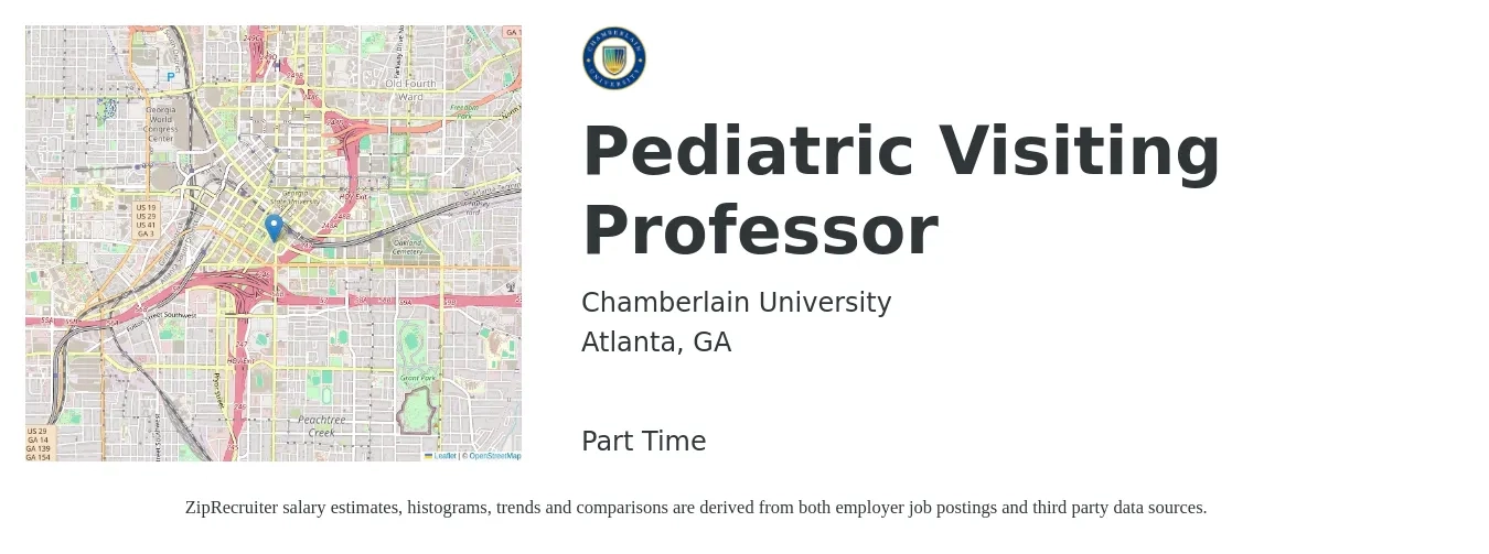 Chamberlain University job posting for a Pediatric Visiting Professor in Atlanta, GA with a salary of $67,800 to $83,200 Yearly with a map of Atlanta location.