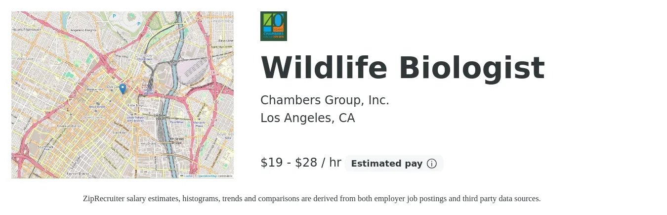 Chambers Group, Inc. job posting for a Wildlife Biologist in Los Angeles, CA with a salary of $20 to $30 Hourly with a map of Los Angeles location.