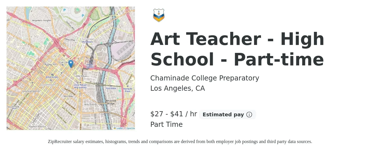 Chaminade College Preparatory job posting for a Art Teacher - High School - Part-time in Los Angeles, CA with a salary of $59,018 to $89,000 Yearly with a map of Los Angeles location.