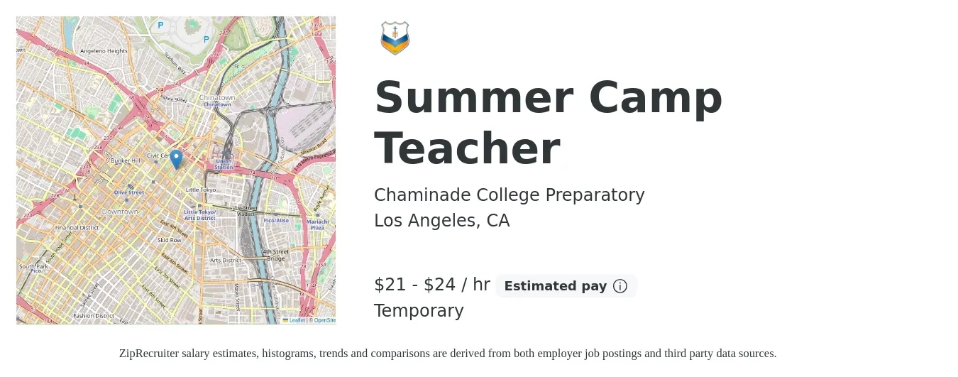 Chaminade College Preparatory job posting for a Summer Camp Teacher in Los Angeles, CA with a salary of $22 to $25 Hourly with a map of Los Angeles location.