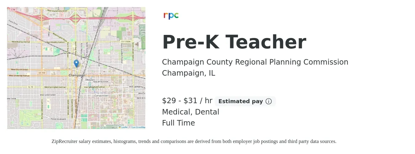 Champaign County Regional Planning Commission job posting for a Pre-K Teacher in Champaign, IL with a salary of $30 to $33 Hourly and benefits including medical, retirement, and dental with a map of Champaign location.