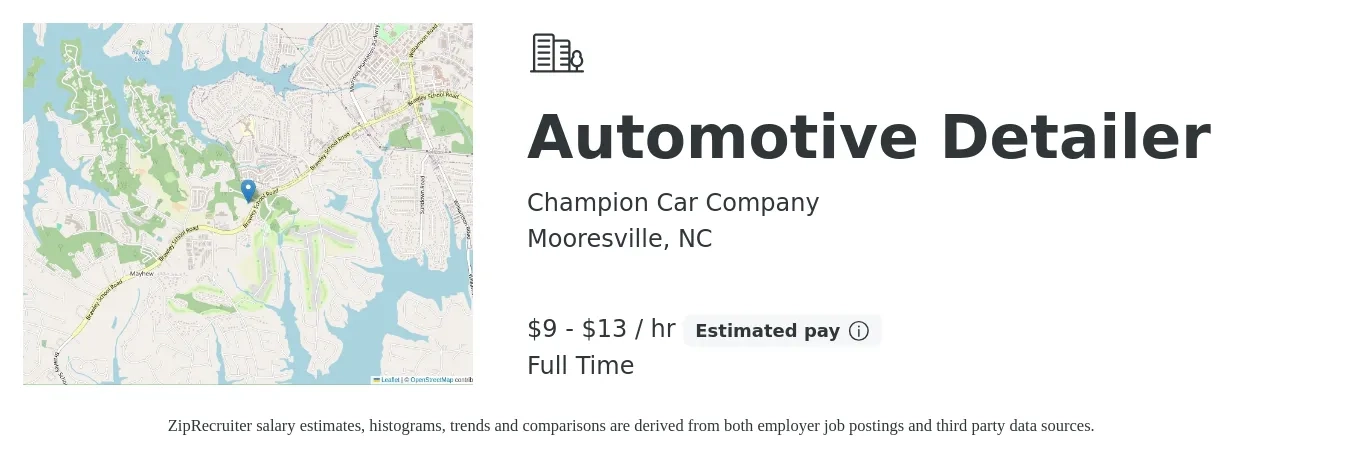 Champion Car Company job posting for a Automotive Detailer in Mooresville, NC with a salary of $10 to $14 Hourly with a map of Mooresville location.