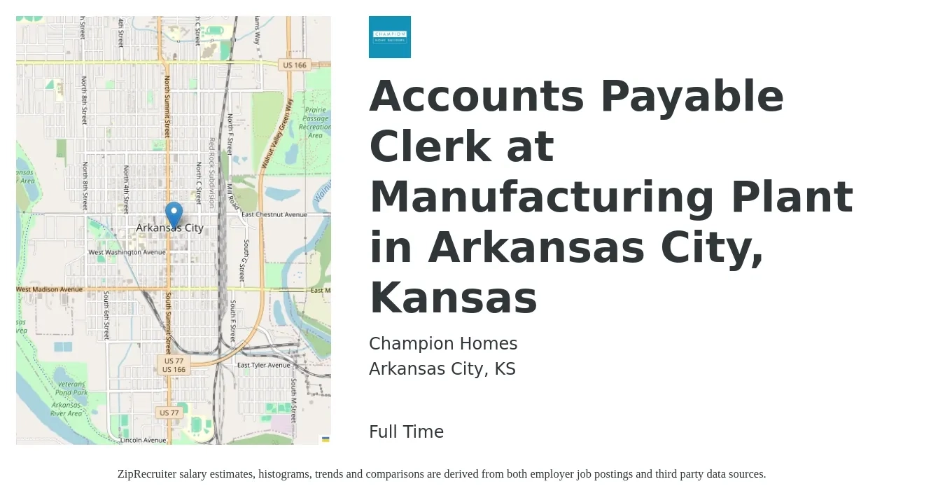 Champion Homes job posting for a Accounts Payable Clerk at Manufacturing Plant in Arkansas City, Kansas in Arkansas City, KS with a salary of $16 to $20 Hourly with a map of Arkansas City location.