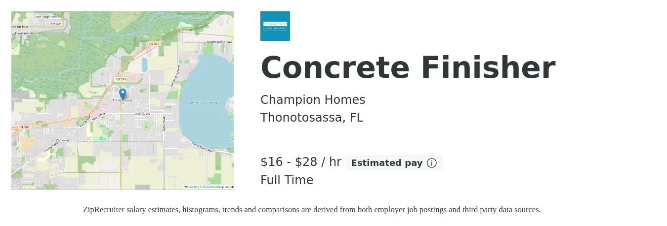 Champion Homes job posting for a Concrete Finisher in Thonotosassa, FL with a salary of $17 to $30 Hourly with a map of Thonotosassa location.
