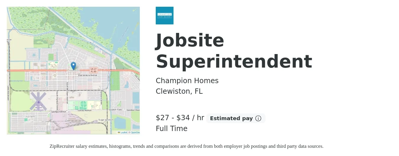 Champion Homes job posting for a Jobsite Superintendent in Clewiston, FL with a salary of $60,000 to $75,000 Yearly with a map of Clewiston location.