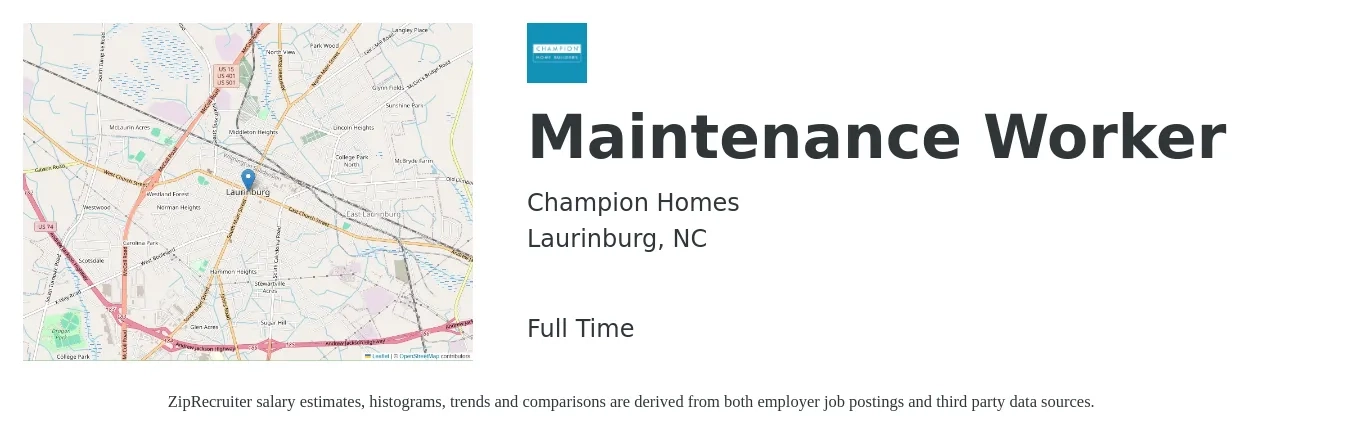 Champion Homes job posting for a Maintenance Worker in Laurinburg, NC with a salary of $14 to $20 Hourly with a map of Laurinburg location.