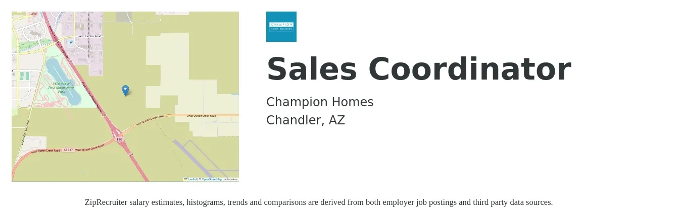 Champion Homes job posting for a Sales Coordinator in Chandler, AZ with a salary of $18 to $20 Hourly with a map of Chandler location.