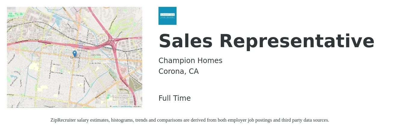 Champion Homes job posting for a Sales Representative in Corona, CA with a salary of $55,200 to $95,900 Yearly with a map of Corona location.