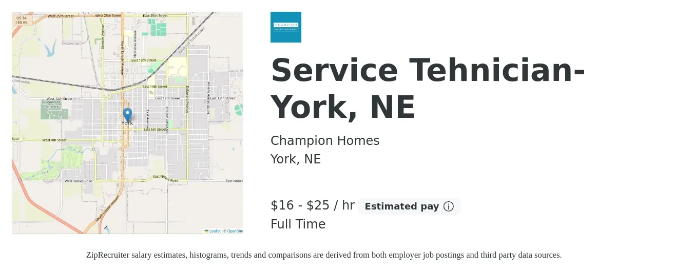 Champion Homes job posting for a Service Tehnician- York, NE in York, NE with a salary of $17 to $27 Hourly with a map of York location.