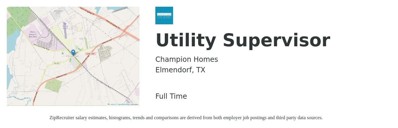 Champion Homes job posting for a Utility Supervisor in Elmendorf, TX with a map of Elmendorf location.