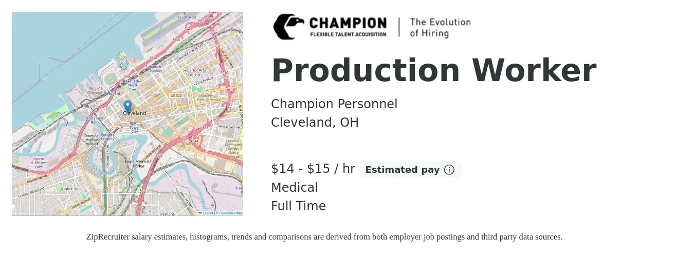 Champion Personnel job posting for a Production Worker in Cleveland, OH with a salary of $15 to $16 Hourly and benefits including pto, and medical with a map of Cleveland location.
