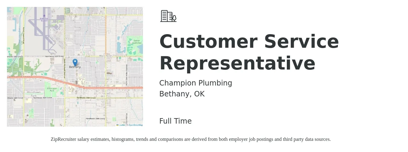 Champion Plumbing job posting for a Customer Service Representative in Bethany, OK with a salary of $30,000 Yearly with a map of Bethany location.