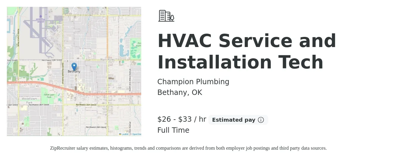 Champion Plumbing job posting for a HVAC Service and Installation Tech in Bethany, OK with a salary of $28 to $35 Hourly with a map of Bethany location.