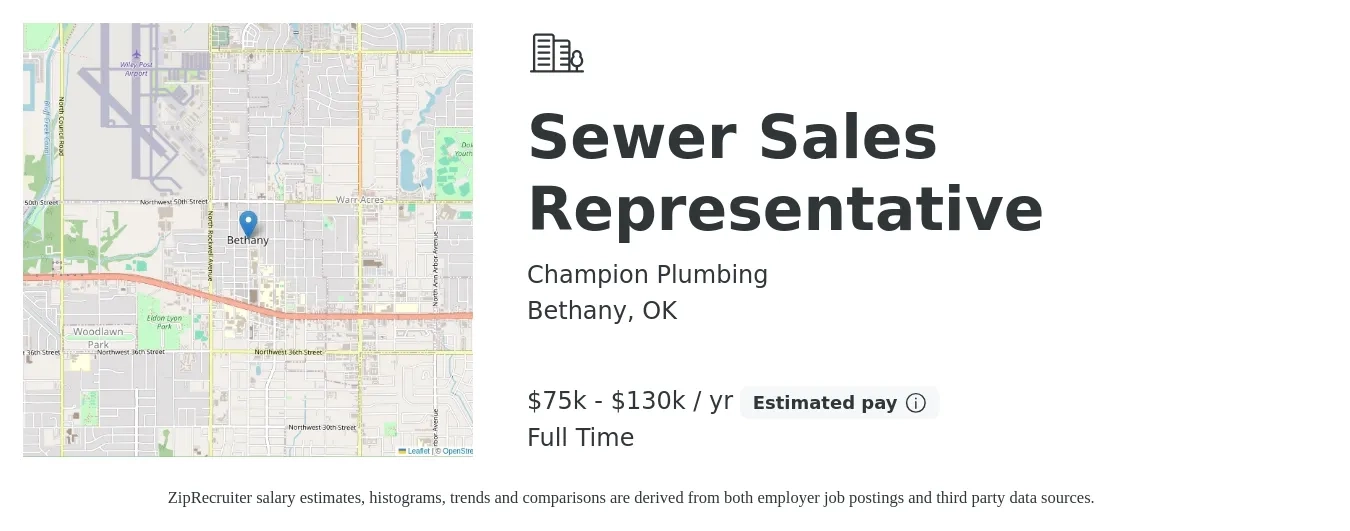 Champion Plumbing job posting for a Sewer Sales Representative in Bethany, OK with a salary of $75,000 to $130,000 Yearly with a map of Bethany location.