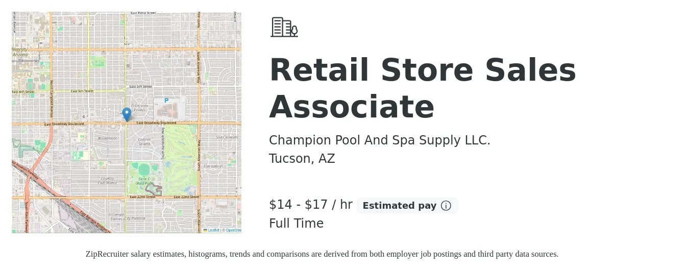 Champion Pool And Spa Supply LLC. job posting for a Retail Store Sales Associate in Tucson, AZ with a salary of $15 to $18 Hourly with a map of Tucson location.