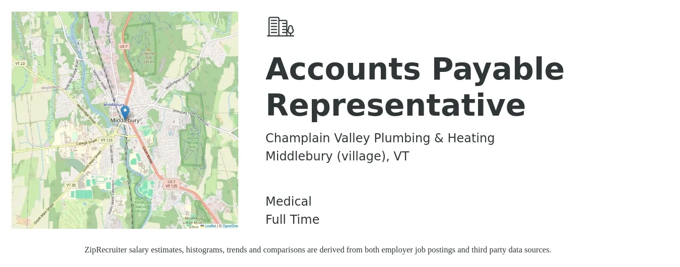 Champlain Valley Plumbing & Heating job posting for a Accounts Payable Representative in Middlebury (village), VT with a salary of $22 to $25 Daily and benefits including life_insurance, medical, pto, and retirement with a map of Middlebury (village) location.