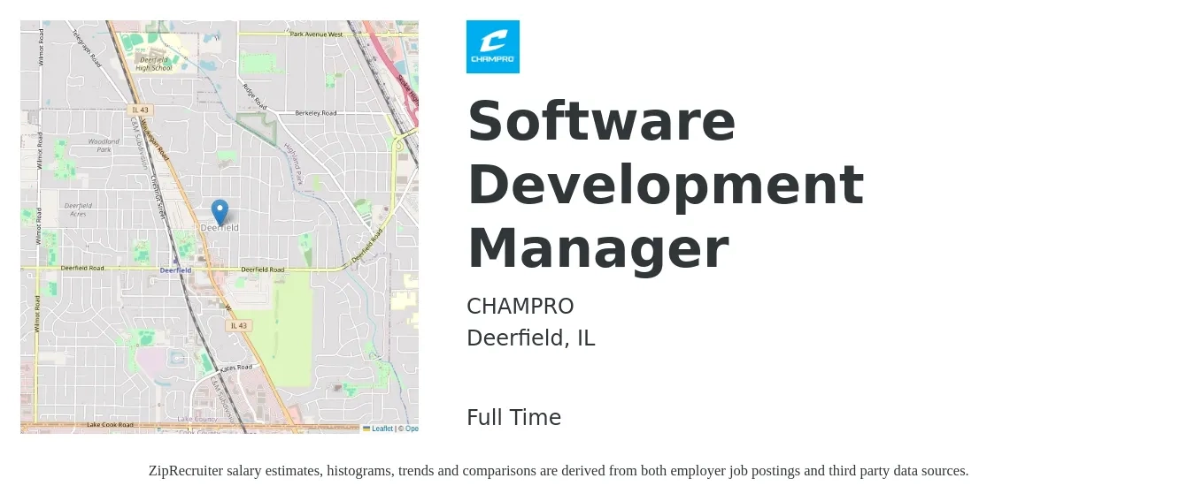 CHAMPRO job posting for a Software Development Manager in Deerfield, IL with a salary of $135,000 to $150,000 Yearly with a map of Deerfield location.