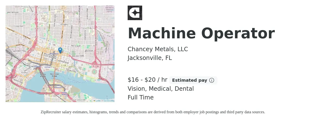 Chancey Metals, LLC job posting for a Machine Operator in Jacksonville, FL with a salary of $17 to $21 Hourly and benefits including retirement, vision, dental, life_insurance, and medical with a map of Jacksonville location.