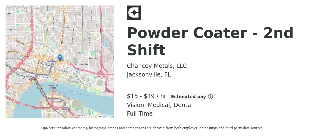 Chancey Metals, LLC job posting for a Powder Coater - 2nd Shift in Jacksonville, FL with a salary of $16 to $20 Hourly and benefits including vision, dental, life_insurance, medical, pto, and retirement with a map of Jacksonville location.