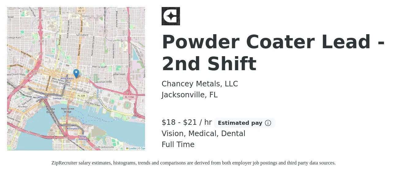 Chancey Metals, LLC job posting for a Powder Coater Lead - 2nd Shift in Jacksonville, FL with a salary of $19 to $22 Hourly and benefits including vision, dental, life_insurance, medical, pto, and retirement with a map of Jacksonville location.