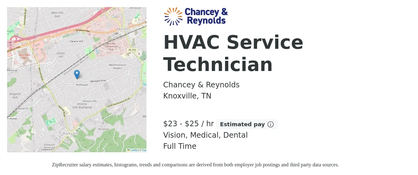 Chancey & Reynolds job posting for a HVAC Service Technician in Knoxville, TN with a salary of $24 to $26 Hourly (plus commission) and benefits including vision, dental, life_insurance, medical, pto, and retirement with a map of Knoxville location.