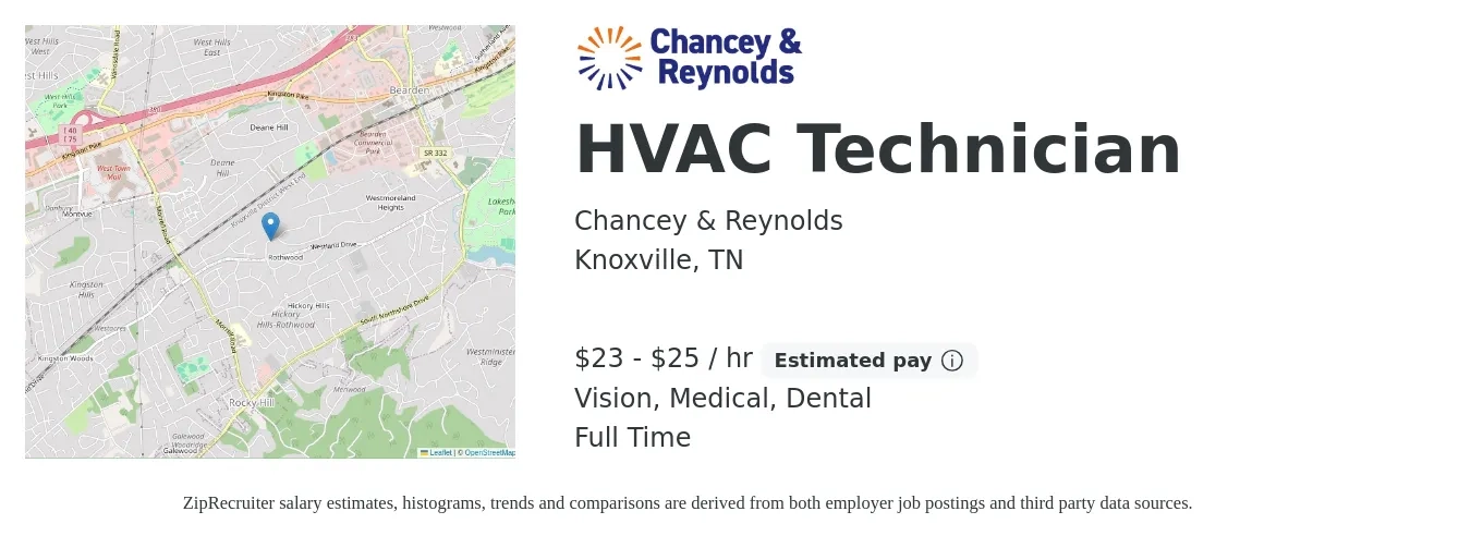 Chancey & Reynolds job posting for a HVAC Technician in Knoxville, TN with a salary of $24 to $26 Hourly (plus commission) and benefits including dental, life_insurance, medical, pto, retirement, and vision with a map of Knoxville location.