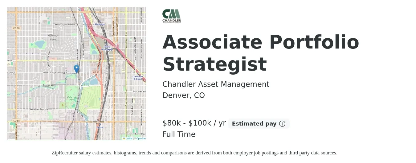Chandler Asset Management job posting for a Associate Portfolio Strategist in Denver, CO with a salary of $80,000 to $100,000 Yearly with a map of Denver location.