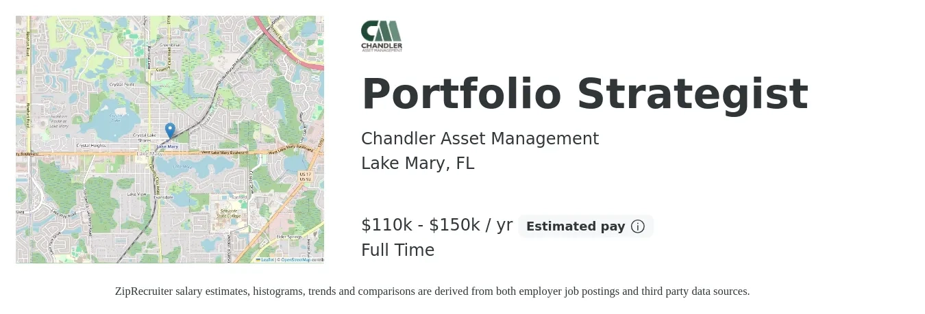 Chandler Asset Management job posting for a Portfolio Strategist in Lake Mary, FL with a salary of $110,000 to $150,000 Yearly with a map of Lake Mary location.