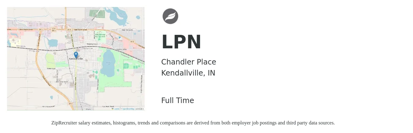 Chandler Place job posting for a LPN in Kendallville, IN with a salary of $24 to $33 Hourly with a map of Kendallville location.