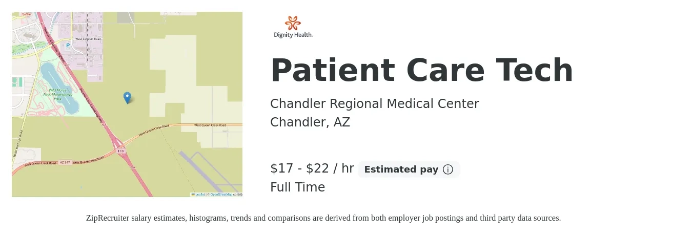 Chandler Regional Medical Center job posting for a Patient Care Tech in Chandler, AZ with a salary of $18 to $24 Hourly with a map of Chandler location.