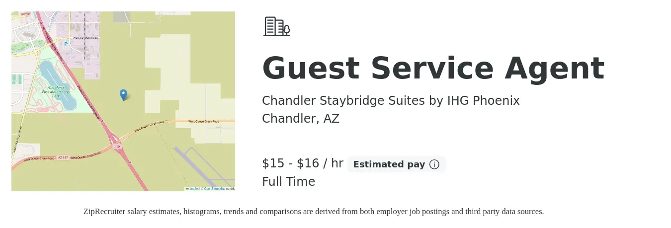 Chandler Staybridge Suites by IHG Phoenix job posting for a Guest Service Agent in Chandler, AZ with a salary of $16 to $18 Hourly with a map of Chandler location.
