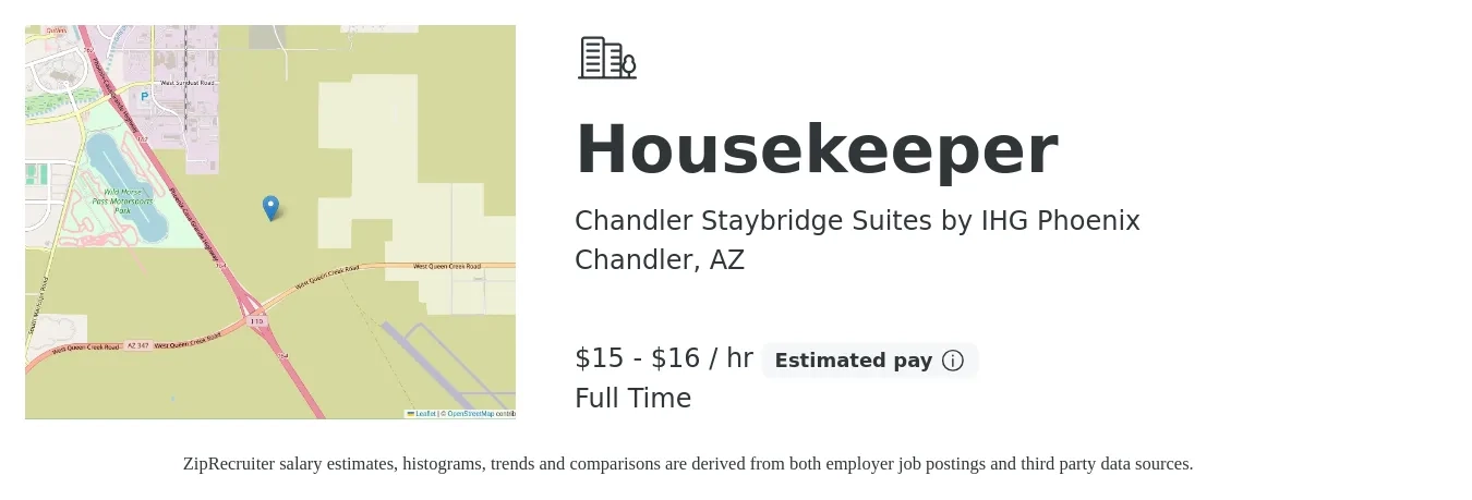 Chandler Staybridge Suites by IHG Phoenix job posting for a Housekeeper in Chandler, AZ with a salary of $16 to $18 Hourly with a map of Chandler location.