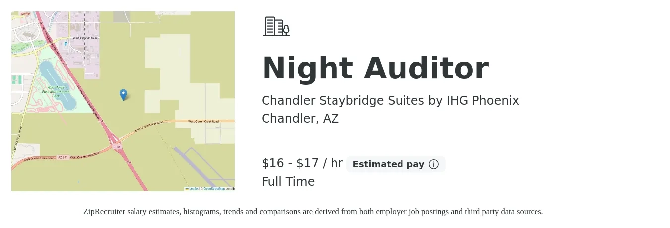 Chandler Staybridge Suites by IHG Phoenix job posting for a Night Auditor in Chandler, AZ with a salary of $17 to $18 Hourly with a map of Chandler location.