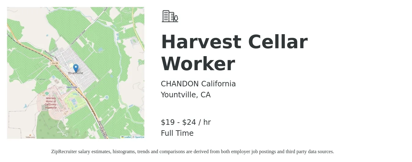 CHANDON California job posting for a Harvest Cellar Worker in Yountville, CA with a salary of $20 to $25 Hourly with a map of Yountville location.
