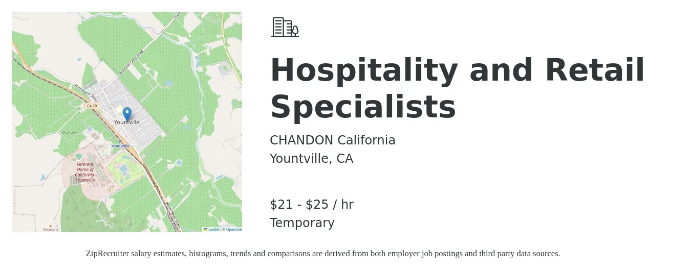 CHANDON California job posting for a Hospitality and Retail Specialists in Yountville, CA with a salary of $22 to $26 Hourly with a map of Yountville location.