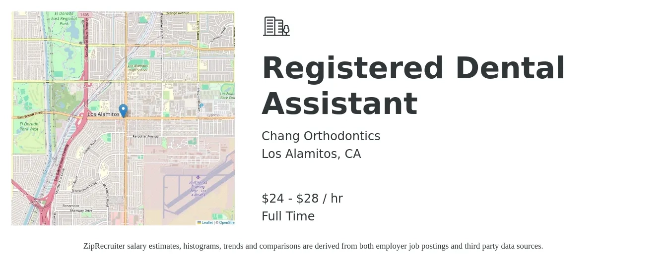 Chang Orthodontics job posting for a Registered Dental Assistant in Los Alamitos, CA with a salary of $25 to $30 Hourly with a map of Los Alamitos location.
