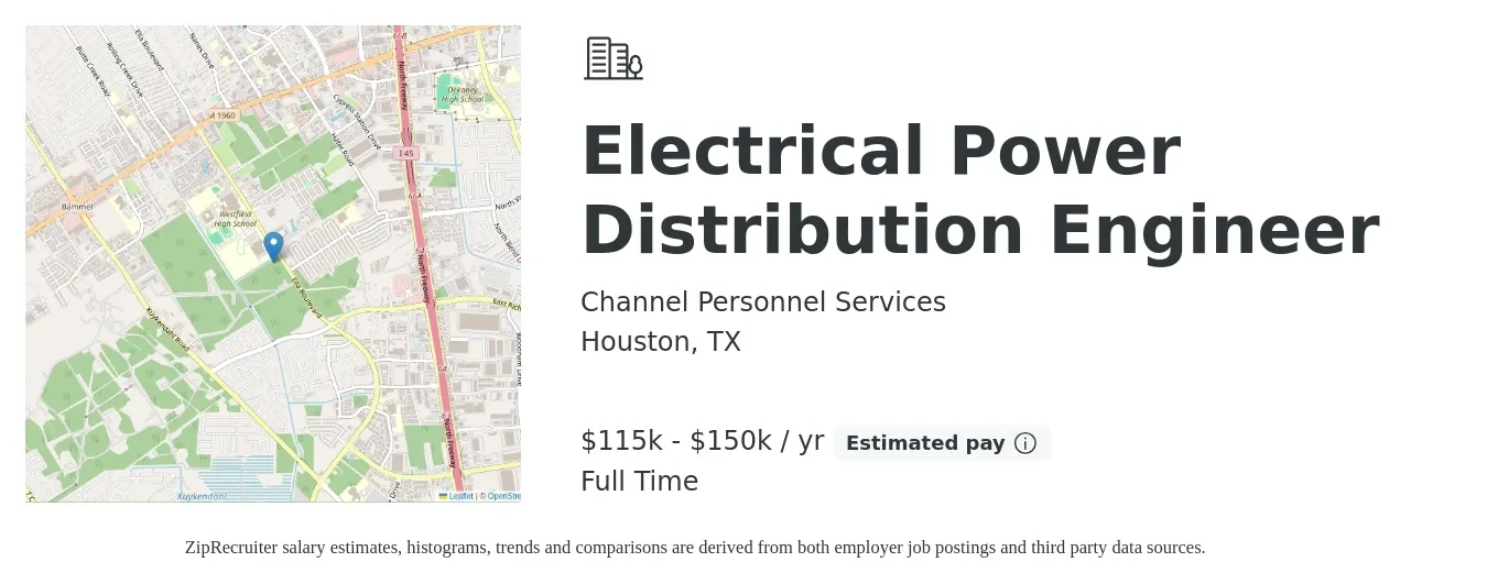 Channel Personnel Services job posting for a Electrical Power Distribution Engineer in Houston, TX with a salary of $115,000 to $150,000 Yearly with a map of Houston location.