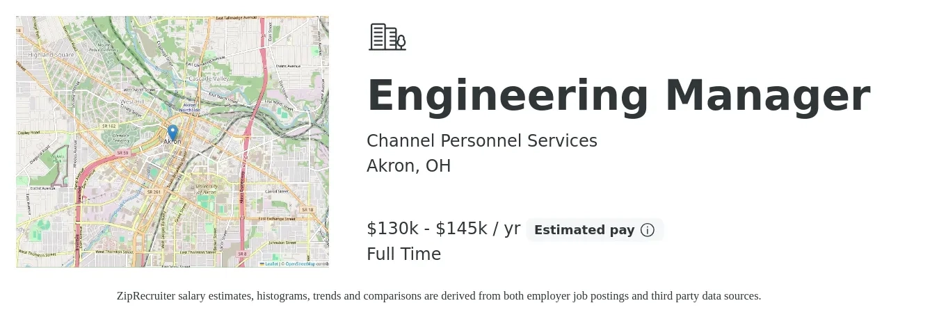 Channel Personnel Services job posting for a Engineering Manager in Akron, OH with a salary of $130,000 to $145,000 Yearly with a map of Akron location.