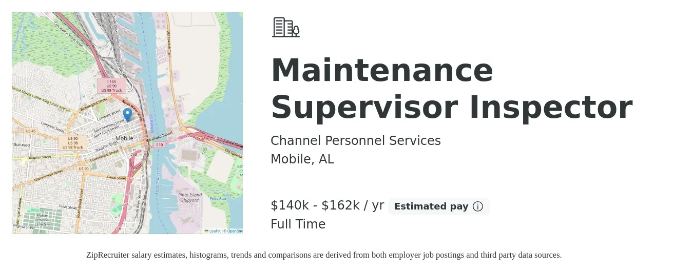 Channel Personnel Services job posting for a Maintenance Supervisor Inspector in Mobile, AL with a salary of $140,000 to $162,000 Yearly with a map of Mobile location.