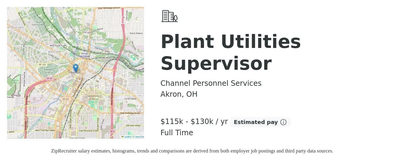 Channel Personnel Services job posting for a Plant Utilities Supervisor in Akron, OH with a salary of $115,000 to $130,000 Yearly with a map of Akron location.