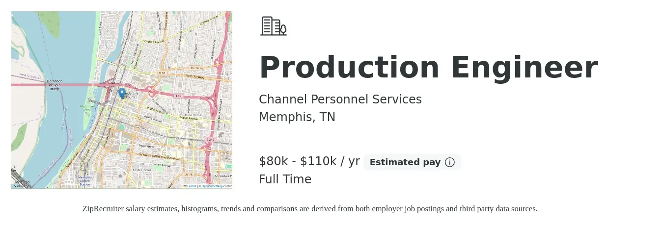 Channel Personnel Services job posting for a Production Engineer in Memphis, TN with a salary of $80,000 to $110,000 Yearly with a map of Memphis location.